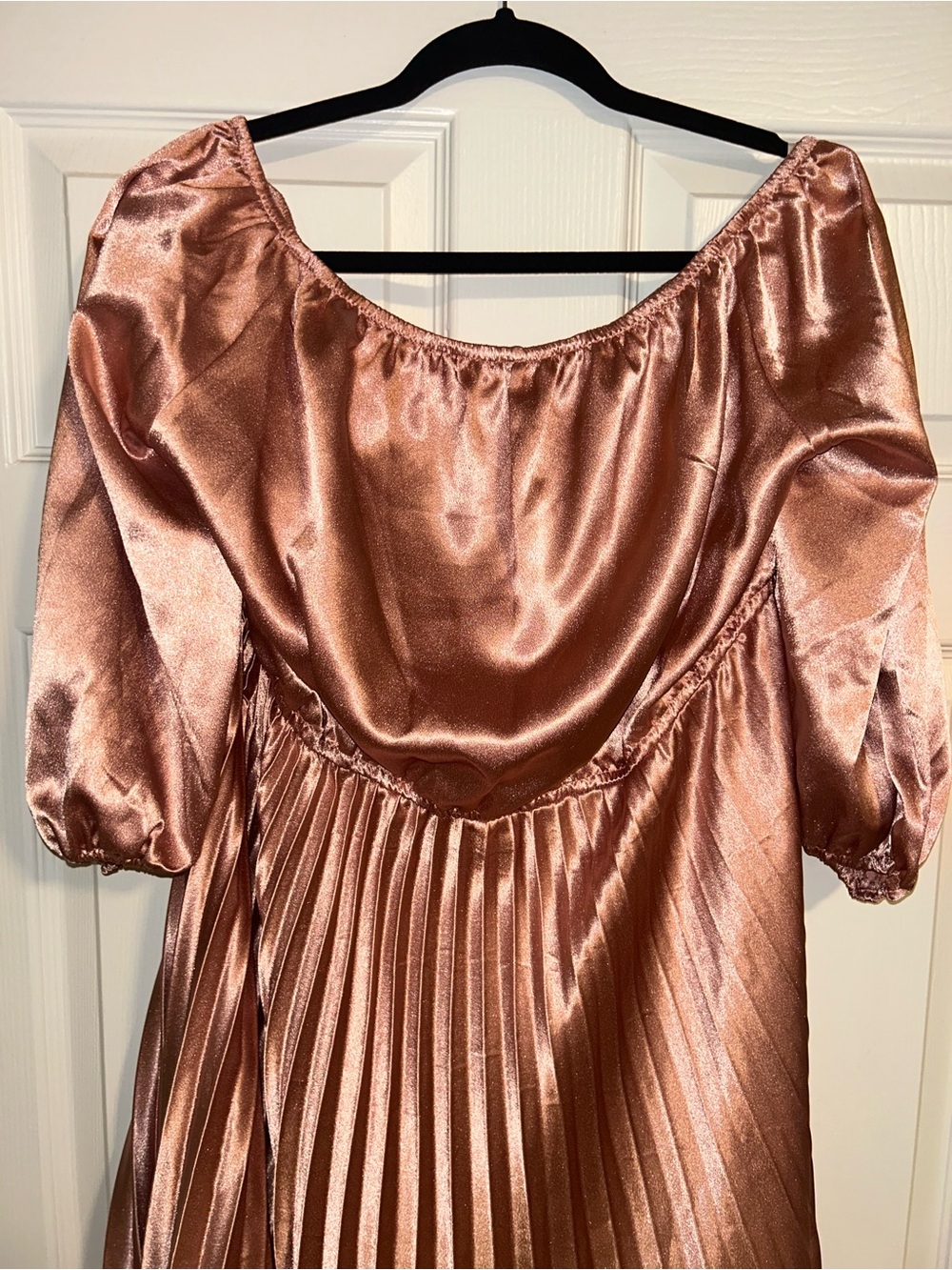Satin Pleated Midi Dress in Rose Gold